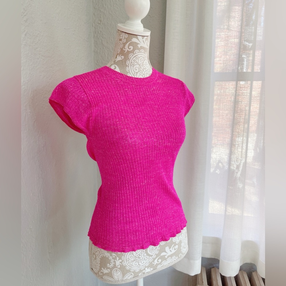 💗 J.Crew Merino Wool & Linen Ribbed Knit Top – Hot Pink, Size Small 💗 - Picture 2 of 7